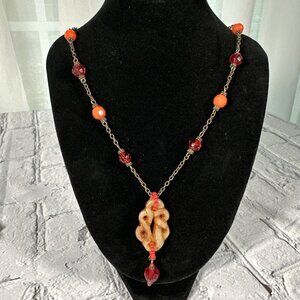 Vintage Brown Jade Pendant Beaded Necklace Orange Red 19”